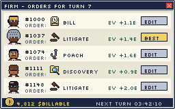 Concept screen: the firm's order list, one job per lawyer with its expected value.