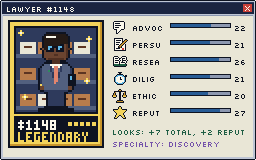 Concept screen: a Legendary lawyer's card with six stat bars.