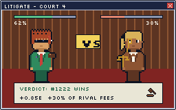 Concept screen: two lawyers face off in court, 62% against 38%.