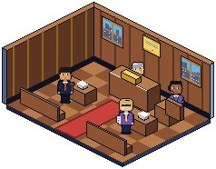 Isometric pixel courtroom with a judge's bench, two counsel tables and gallery benches.