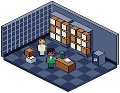 Isometric pixel evidence room with steel shelving, archive boxes and a safe.