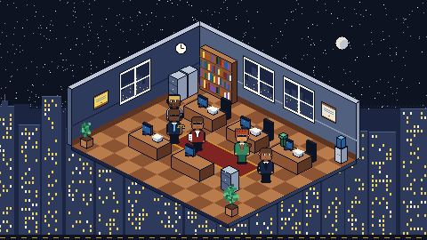 A pixel-art law office at night: lawyers in suits walk between desks while the city glows outside.