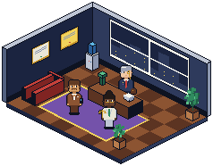 Isometric pixel corner office with a big desk, a purple rug and a skyline window.